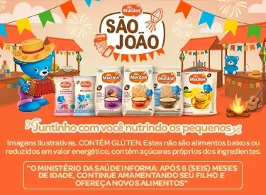 "São João colorido com bandeirinhas, fogueira e produtos Mucilon alinhados em barracas juninas festivas.