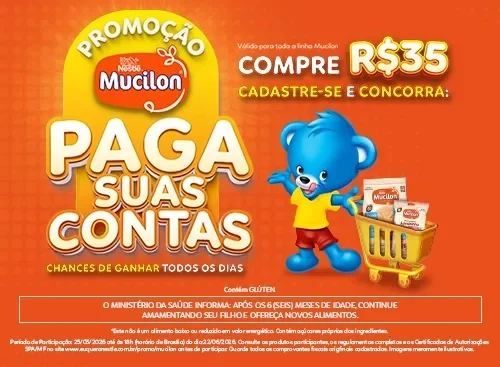 Banner promocional Mucilon em fundo laranja, com mascote azul, produtos no carrinho e texto “Compre R$35 e concorra”.