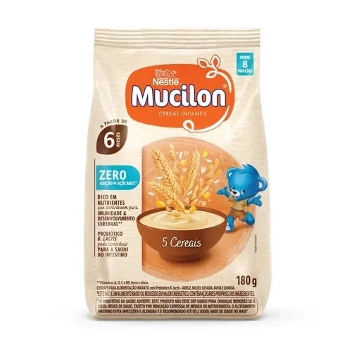 Embalagem Mucilon 5 cereais 180g, cereal infantil sem adição de açúcares, com probiótico e vitaminas, a partir de 6 meses
