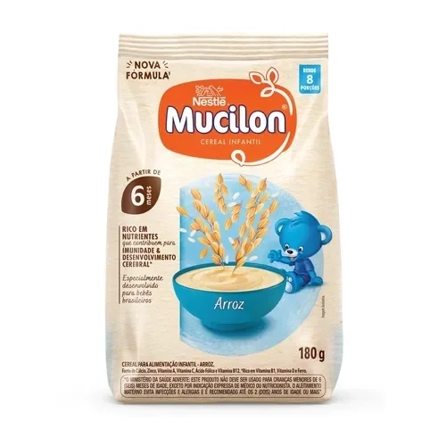 Embalagem Mucilon arroz 180g, cereal infantil para bebês a partir de 6 meses, rico em vitaminas e ferro