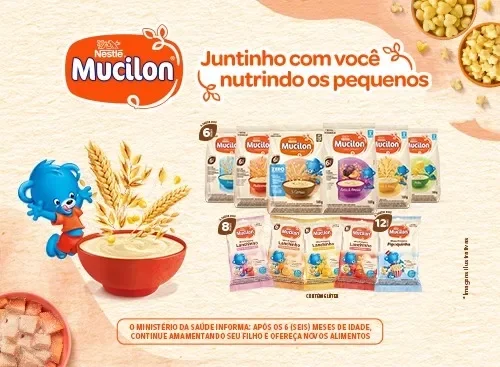 Banner Mucilon com cereais infantis, mascote azul, tigela de mingau e slogan sobre nutrir os pequenos