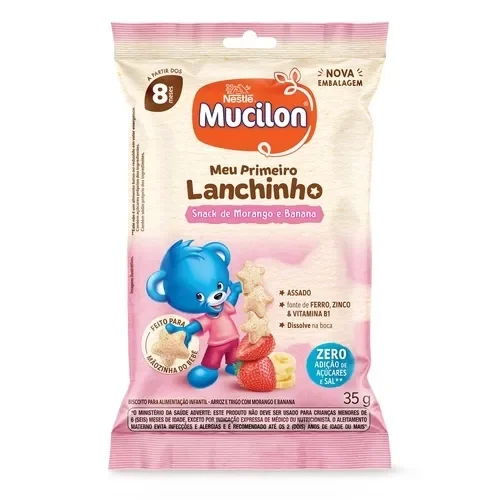 Embalagem Mucilon Meu Primeiro Lanchinho morango e banana 35g, snack infantil sem açúcar e sal, para bebês a partir de 8 mese