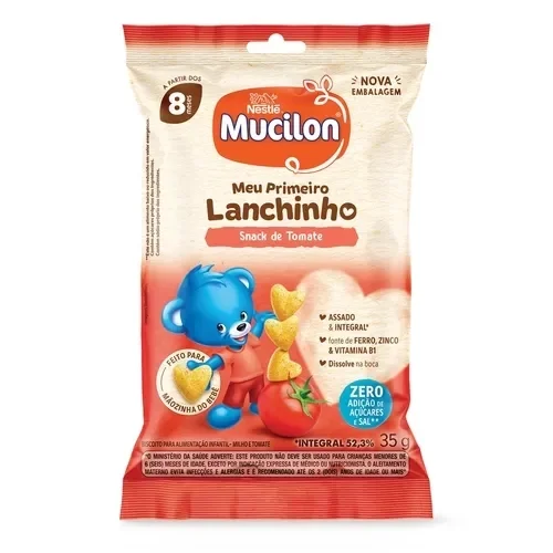 Embalagem Mucilon Meu Primeiro Lanchinho tomate 35g, snack infantil assado, sem açúcar e sal, para bebês a partir de 8 meses