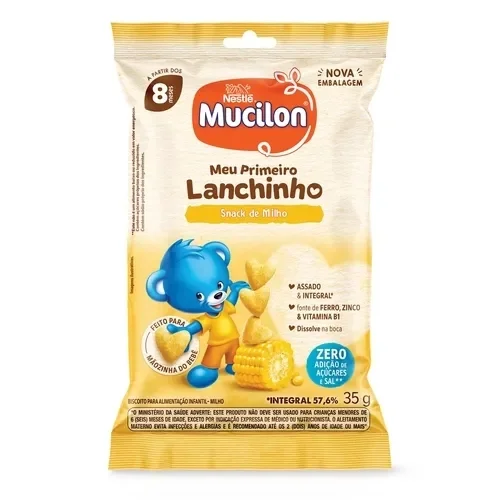 Embalagem Mucilon Meu Primeiro Lanchinho milho 35g, snack infantil sem açúcar e sal, assado, para bebês a partir de 8 meses