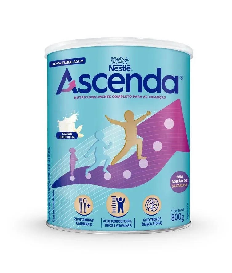 Lata de Nestlé Ascenda sabor baunilha, com ilustração de crescimento infantil e destaque para vitaminas e minerais.