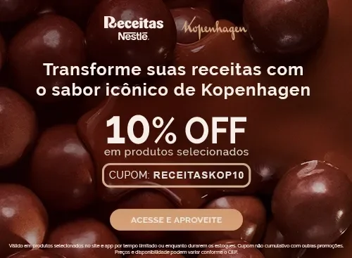 Kopenhagen - Receitas Nestlé Banner com chocolates Kopenhagen ao fundo, texto sobre 10% off, cupom RECEITASKOP10 e botão “Acesse e aproveite”.