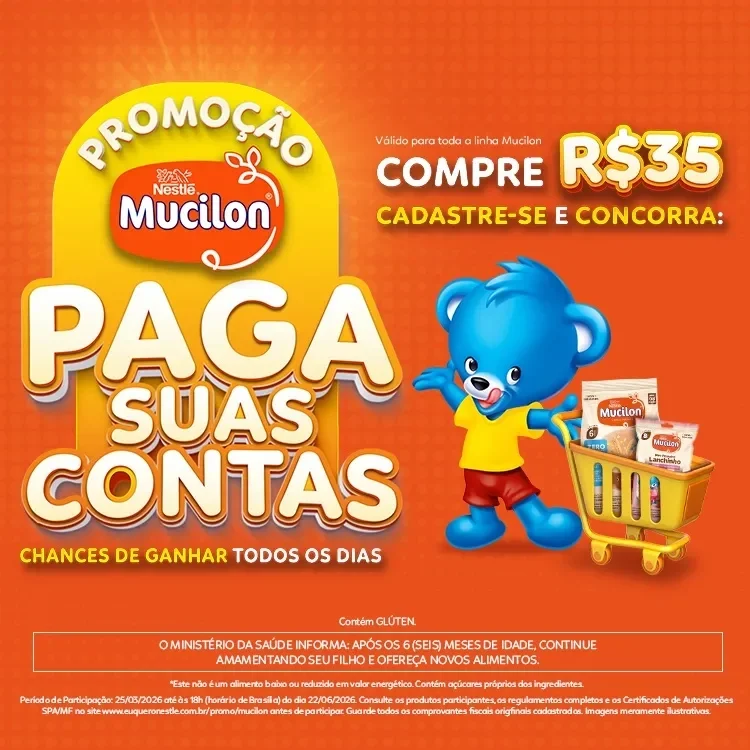 Banner promocional Mucilon em fundo laranja, com mascote azul, produtos no carrinho e texto “Compre R$35 e concorra”.