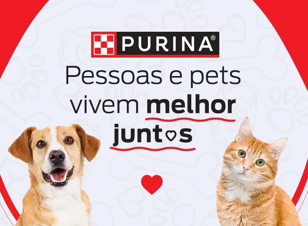 Banner Purina com cachorro e gato e frase “pessoas e pets vivem melhor juntos” em destaque