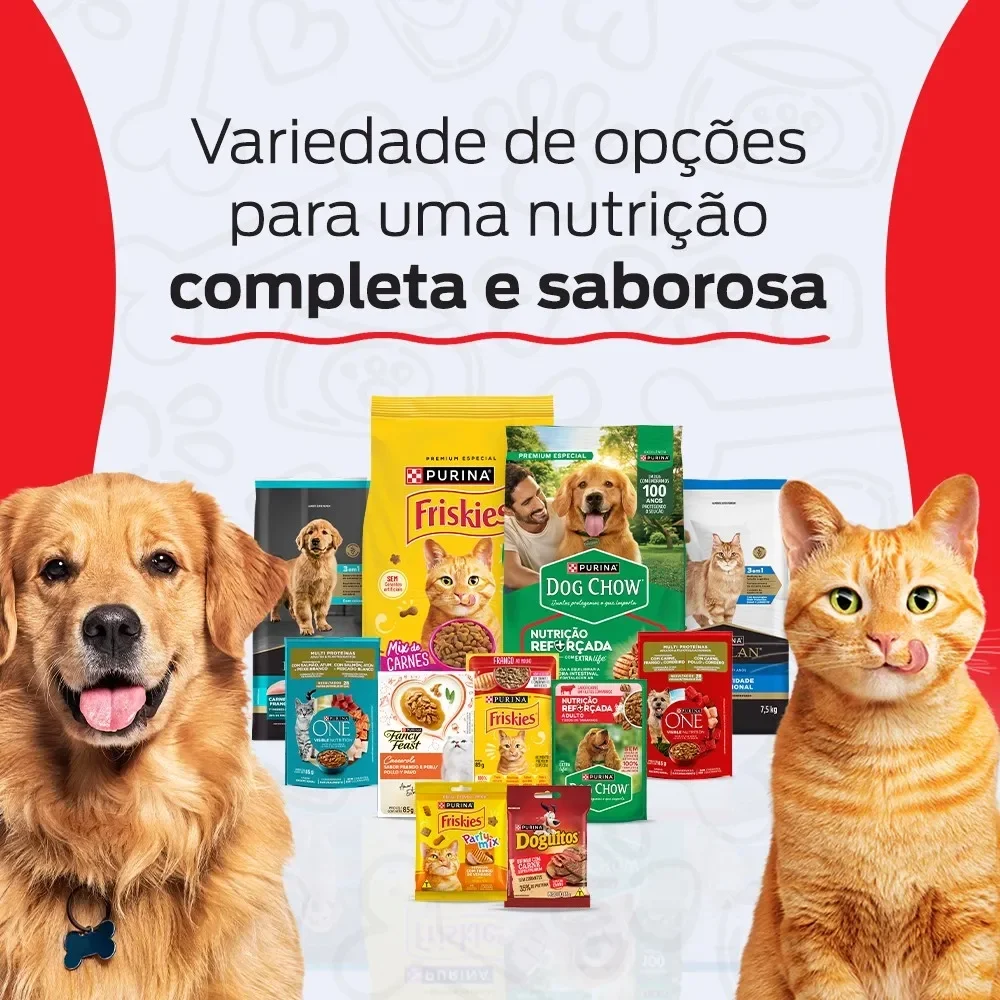 Banner Purina com cachorro, gato e linha de produtos, destacando nutrição completa e saborosa