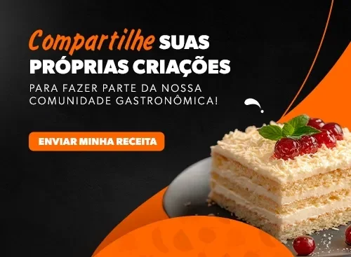 Banner com convite para enviar receitas à comunidade gastronômica e imagem de bolo decorado com frutas.