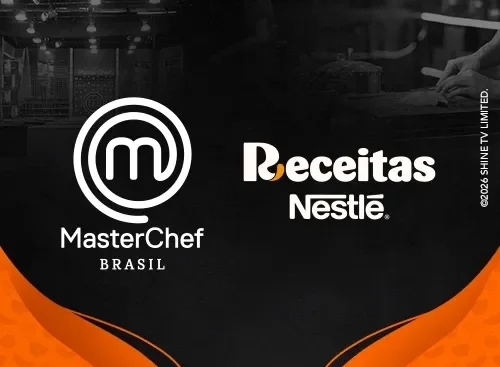 Banner com os logos do MasterChef Brasil e Receitas Nestlé sobre fundo escuro com detalhes em laranja.