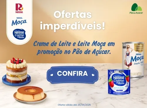 Banner com Leite Moça e Creme de Leite, texto “Ofertas imperdíveis” e botão “Confira” em fundo bege.