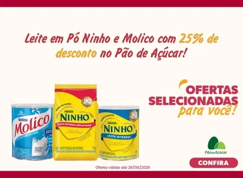 Banner com Ninho e Molico, texto sobre 25% de desconto no Pão de Açúcar e botão “Confira”.
