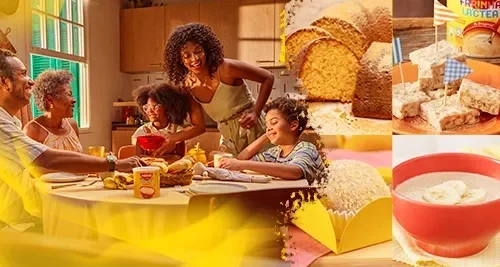 Família reunida à mesa com Farinha Láctea Nestlé e receitas como bolo, mingau e doce em destaque.