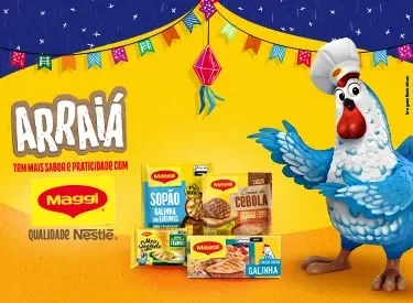 Banner junino da Maggi com produtos da marca, galinha mascote, bandeirinhas e chamada promocional.	