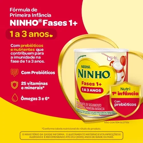 Banner de Ninho Fases 1+ para crianças de 1 a 3 anos, com prebióticos, vitaminas e minerais para a infância.	