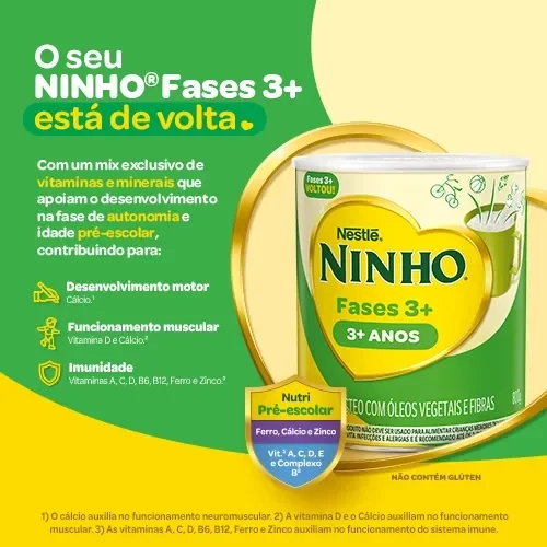 Banner de Ninho Fases 3+ para crianças acima de 3 anos, com vitaminas, minerais e nutrientes para a fase pré-escolar.