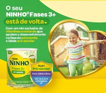 Banner de Ninho Fases 3+ com criança brincando ao ar livre e destaque para nutrição infantil pré-escolar.