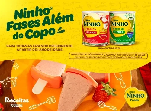 Banner de Ninho Fases com picolés de morango e divulgação de receitas para crianças a partir de 1 ano.