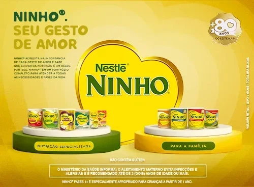 Banner da marca Ninho com portfólio de produtos para crianças e família, destacando nutrição e cuidado diário.