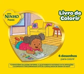 Livro de colorir Ninho Fases com criança desenhando no chão e ilustrações infantis para colorir.