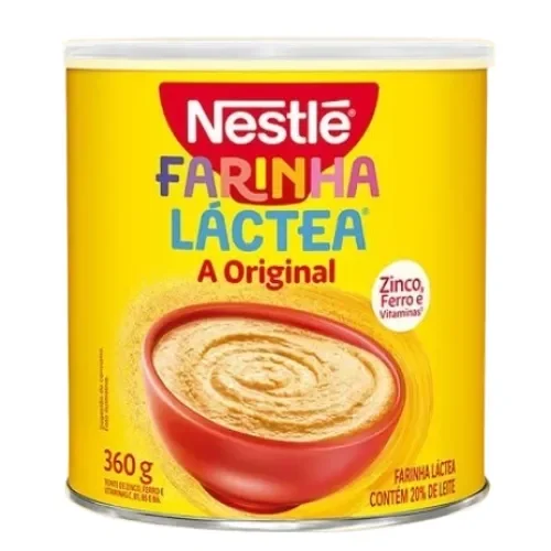 Lata de Farinha Láctea Nestlé Original, alimento à base de cereais e leite, enriquecido com zinco, ferro e vitaminas.
