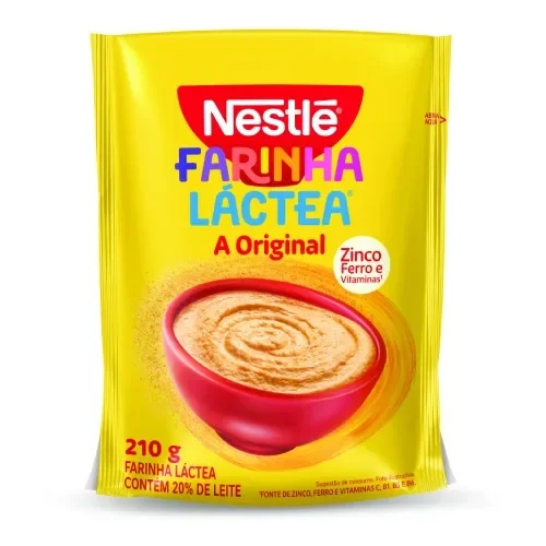 Sachê de Farinha Láctea Nestlé Original com leite e cereais, enriquecido com zinco, ferro e vitaminas.