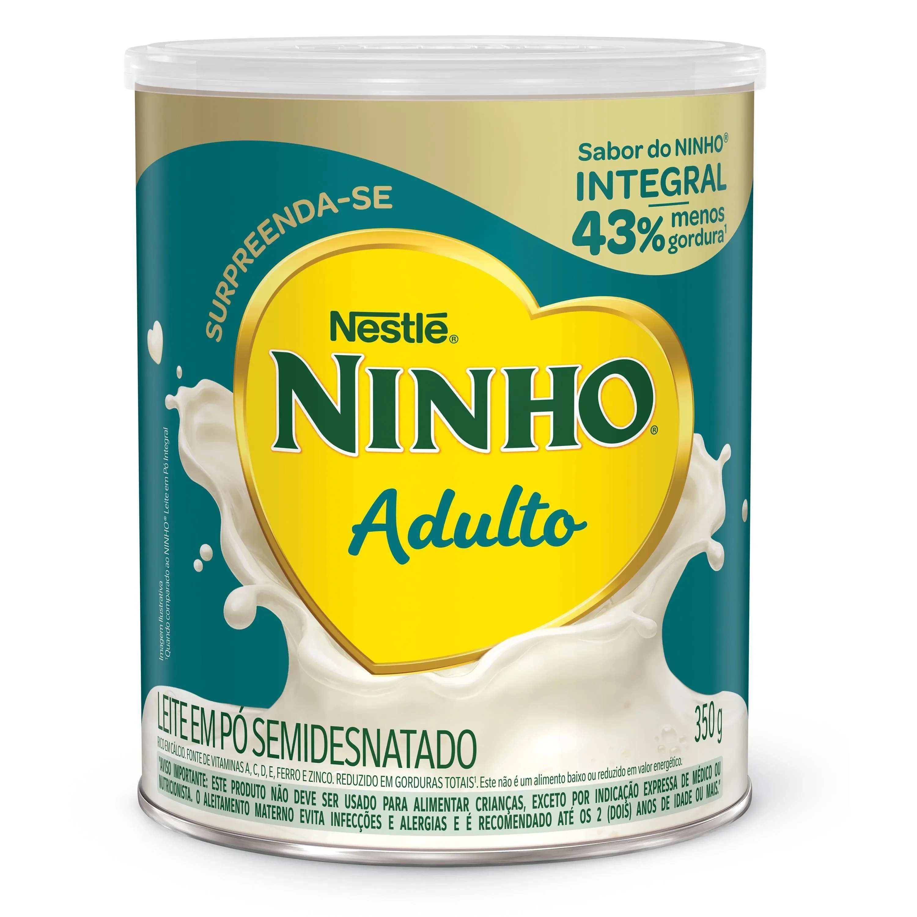 Lata de Ninho Adulto semidesnatado, com 43% menos gordura e fonte de vitaminas, ferro e zinco.