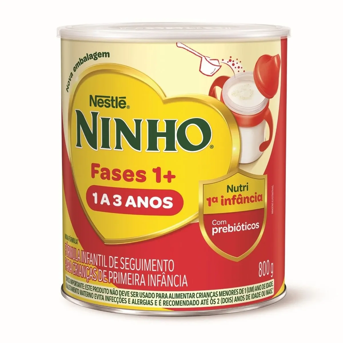 Lata de Ninho Fases 1+ para crianças de 1 a 3 anos, com prebióticos e fórmula infantil de seguimento.