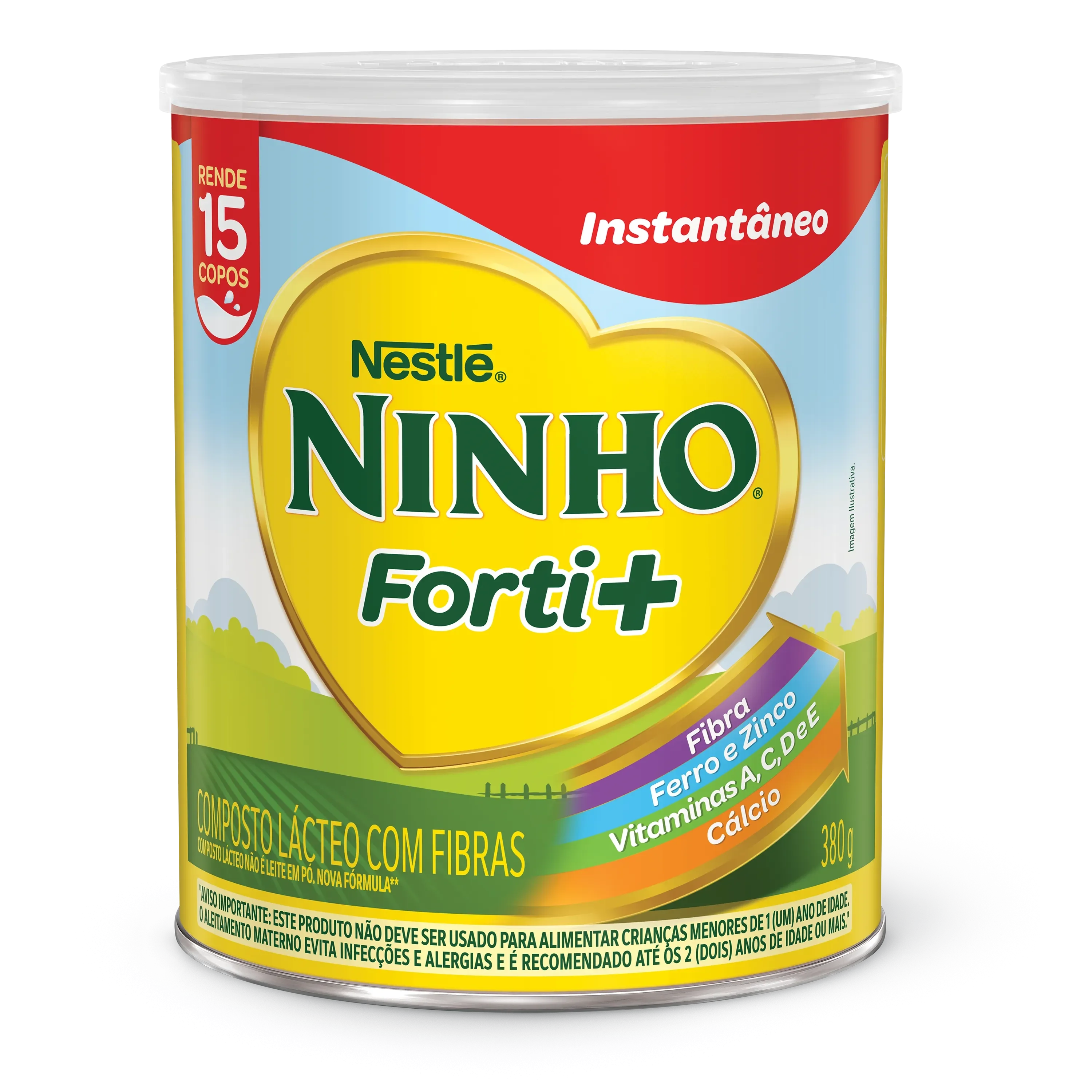 Lata de Ninho Forti+ instantâneo, composto lácteo com fibras, cálcio, ferro, zinco e vitaminas A, C, D e E.