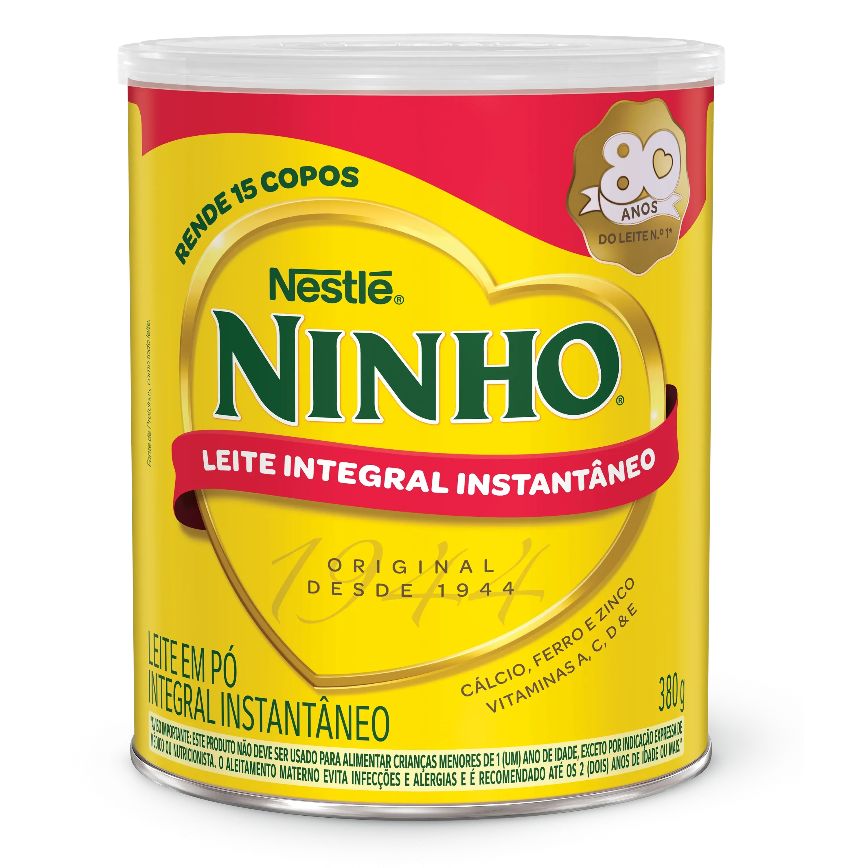 Lata de Ninho Leite Integral Instantâneo em pó, enriquecido com cálcio, ferro, zinco e vitaminas A, C, D e E.