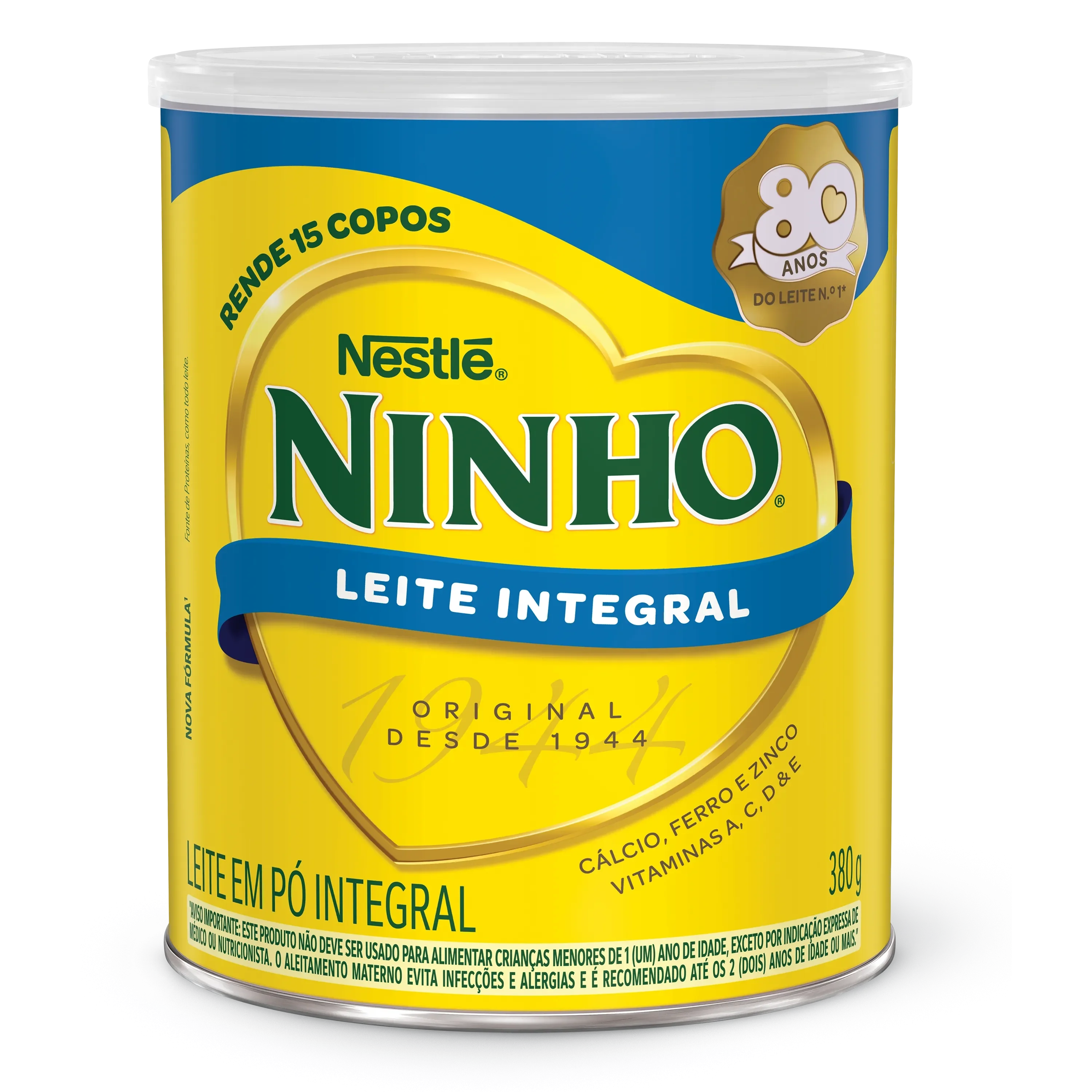 Lata de Ninho Leite Integral em pó, enriquecido com cálcio, ferro, zinco e vitaminas A, C, D e E.