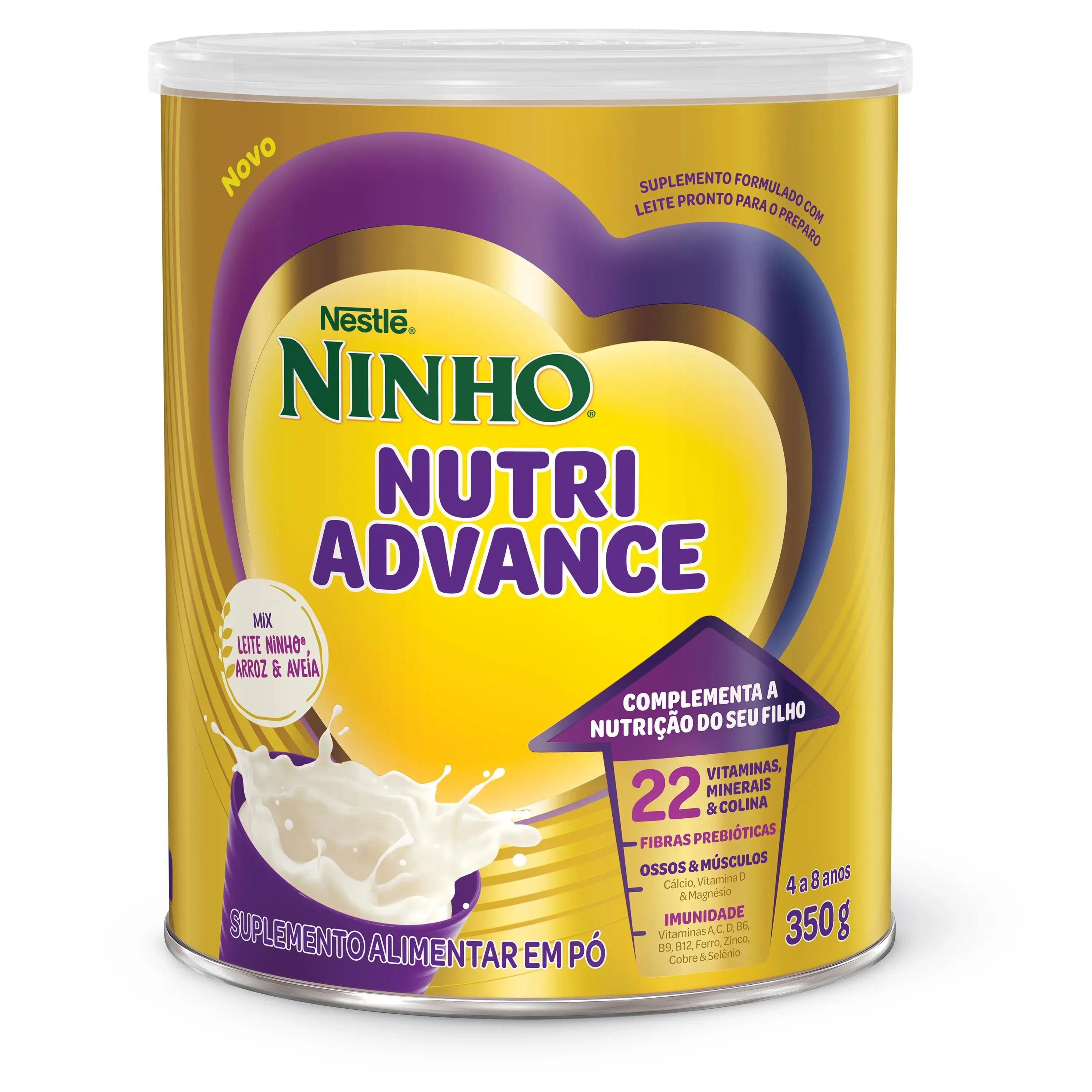 Lata de Ninho Nutri Advance para crianças de 4 a 8 anos, com vitaminas, minerais e fibras prebióticas.