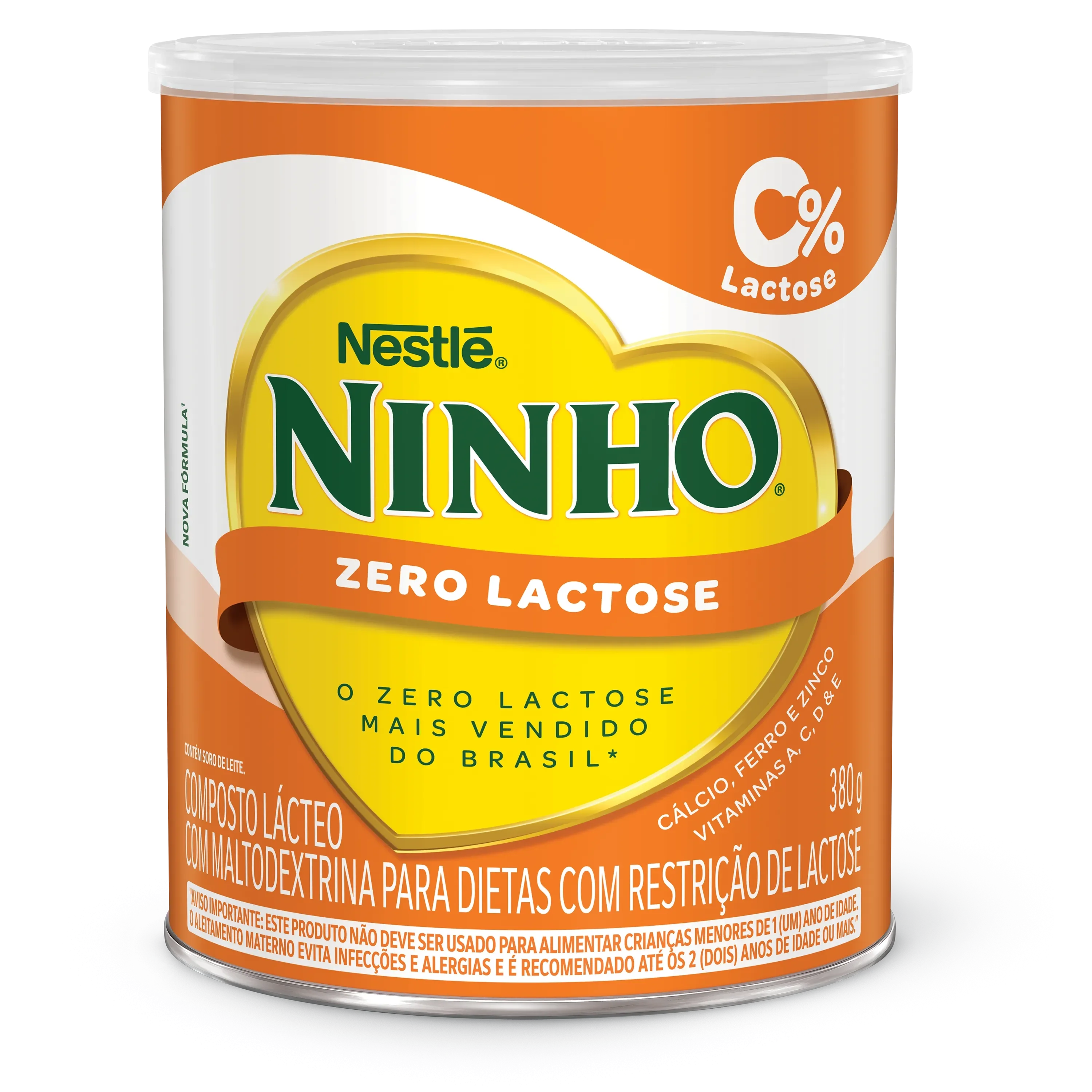 Lata de Ninho Zero Lactose, composto lácteo com vitaminas, cálcio, ferro e zinco para dietas sem lactose.