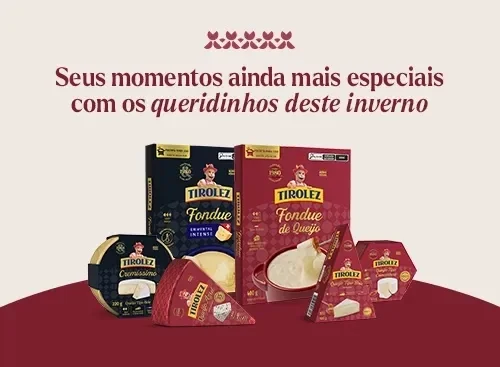 Banner Tirolez em fundo vermelho com produtos de fondue e queijos, e texto “Fondue e Queijos Especiais Tirolez”.