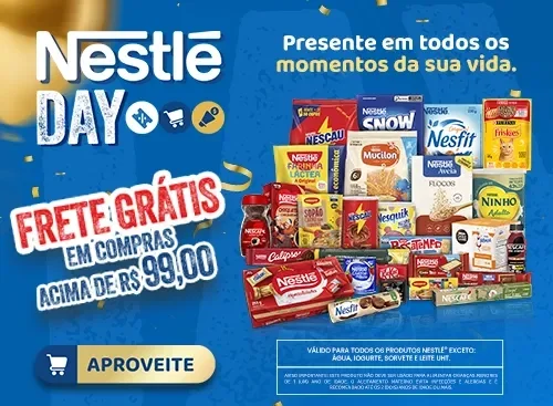 Banner Nestlé Day com produtos Nestlé e texto sobre frete grátis em compras acima de R$ 99.