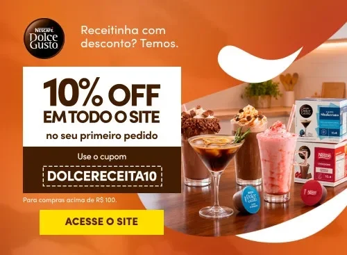 Banner NESCAFÉ Dolce Gusto com bebidas geladas, cupom DOLCERECEITA10 e desconto de 10% no site oficial.
