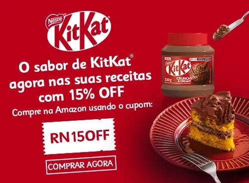 Banner KitKat em fundo vermelho, com cupom RN15OFF, desconto de 15% e creme KitKat ao lado de uma fatia de bolo.