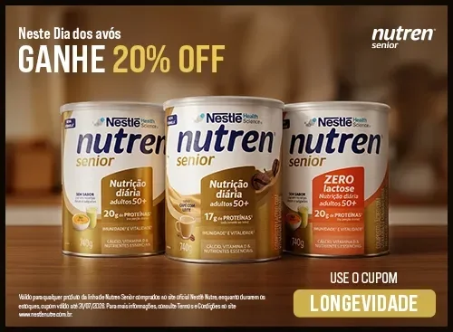 Banner Nutren Senior com três latas do produto, desconto de 20% no Dia dos Avós e cupom LONGEVIDADE.