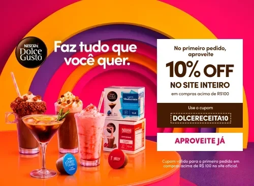 Banner NESCAFÉ Dolce Gusto com bebidas geladas, desconto de 10% na primeira compra e cupom DOLCERECEITA10.