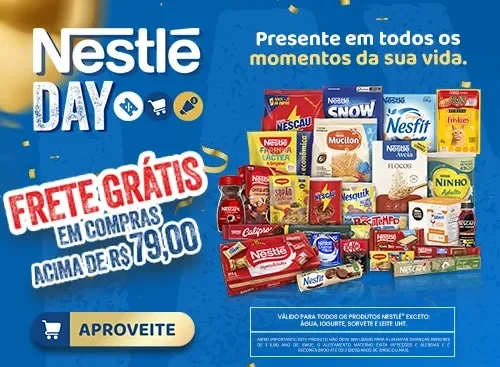 Banner Nestlé Day com produtos Nestlé e texto sobre frete grátis em compras acima de R$ 79.