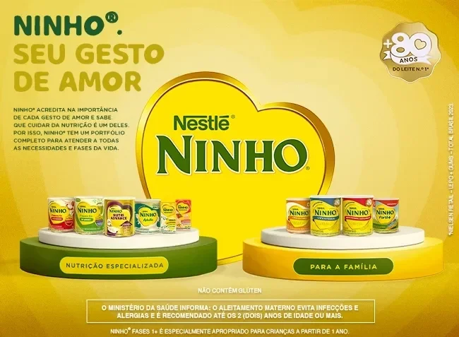 Banner da marca Ninho com portfólio de produtos para crianças e família, destacando nutrição e cuidado diário.