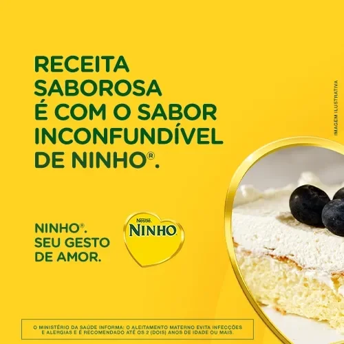 Banner de Nestlé NINHO com fatia de bolo e mensagem sobre o sabor inconfundível de NINHO nas receitas.