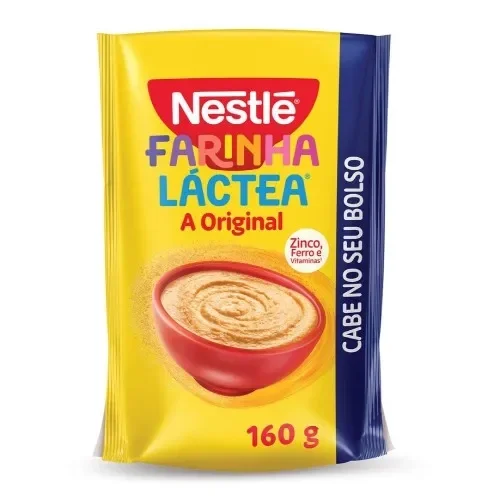 Farinha Láctea Nestlé Original 160g em embalagem amarela com tigela de mingau e mensagem "Cabe no seu bolso.