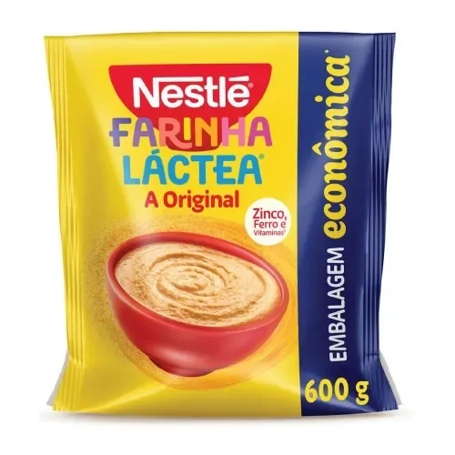 Farinha Láctea Nestlé Original 600g em embalagem econômica amarela com tigela de mingau na parte frontal.