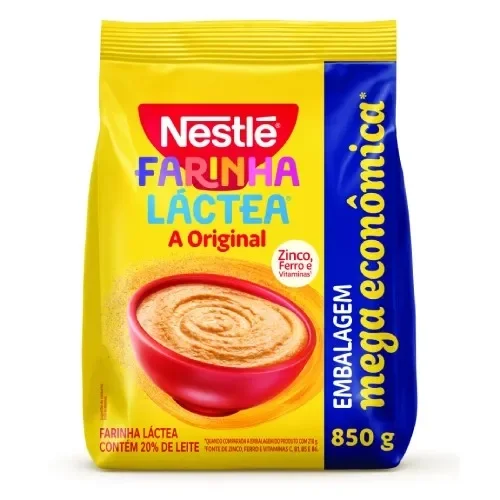 Farinha Láctea Nestlé Original 850g em embalagem mega econômica amarela com tigela de mingau na parte frontal.