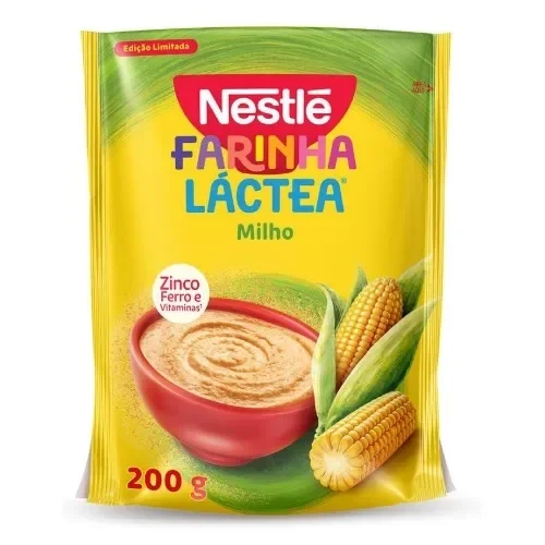 Farinha Láctea Nestlé Milho 200g em embalagem amarela com tigela de mingau e espigas de milho.