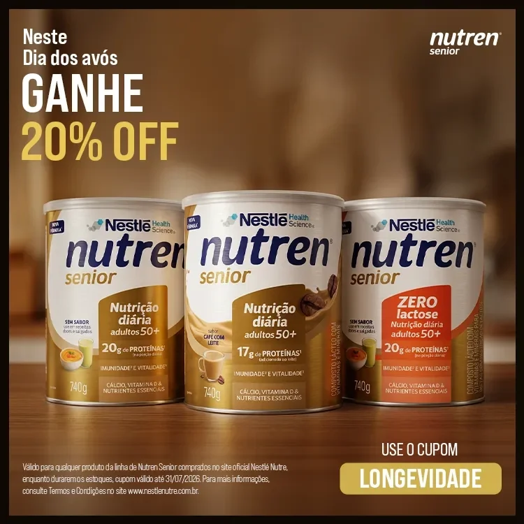 Banner Nutren Senior com três latas do produto, desconto de 20% no Dia dos Avós e cupom LONGEVIDADE.