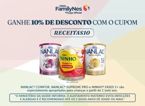 Banner FamilyNes com NANLAC e NINHO Fases, texto de 10% de desconto e cupom RECEITAS10.