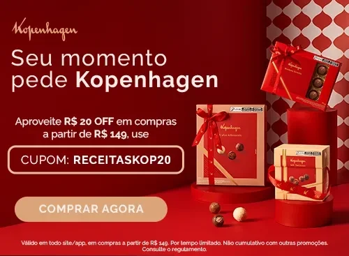 Banner Kopenhagen com chocolates, cupom RECEITASKOP20, R$20 off em compras acima de R$149 e botão Comprar Agora.